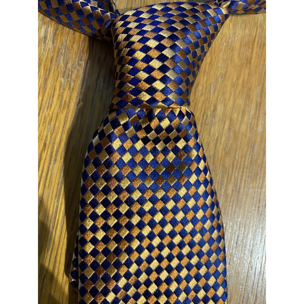 PRONTO‎ UOMO Blue Gold Brown Mini Check 58 1/8"x3 3/8" NECKTIE DESIGNER EUC